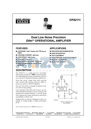 OPA2111KP datasheet - Dual Low Noise Precision Difet  OPERATIONAL AMPLIFIER