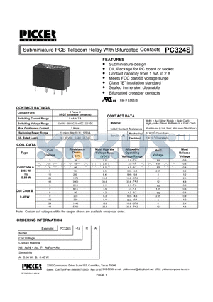PC324S-12B datasheet - Subminiature PCB Telecom Relay With Bifurcated Contacts