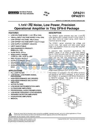 OPA211AIDGKT datasheet - 1.1nV/Noise, Low Power, Precision Operational Amplifier in Tiny DFN-8 Package