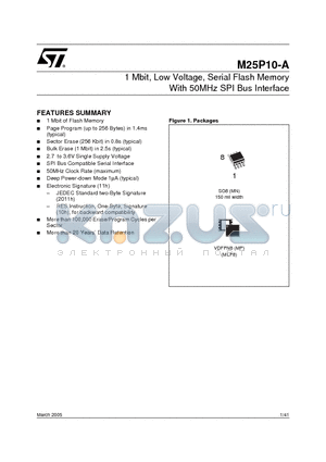 M25P10-AVMN6 datasheet - 1 Mbit, Low Voltage, Serial Flash Memory With 25 MHz SPI Bus Interface