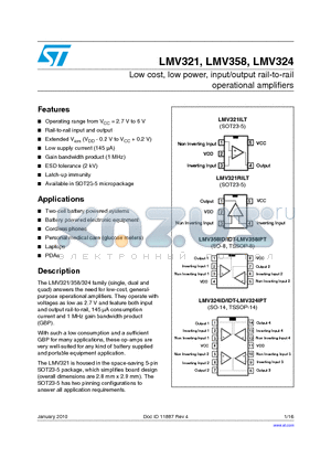 LMV321 datasheet - Low cost,low power,input/output rail-to-rail operational amplifiers