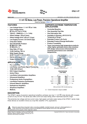 OPA211SKGD1 datasheet - 1.1 nV/Hz Noise, Low Power, Precision Operational Amplifier