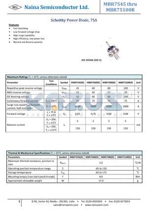 MBR75100R datasheet - Schottky Power Diode, 75A