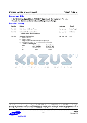 KM6161002BI-12 datasheet - 64Kx16 Bit High Speed Static RAM(5.0V Operating), Revolutionary Pin out.