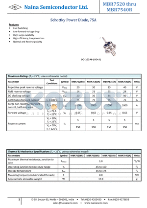 MBR7530 datasheet - Schottky Power Diode, 75A