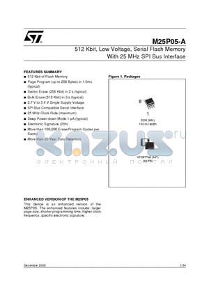 M25P10-AVMN6T datasheet - 512 Kbit, Low Voltage, Serial Flash Memory With 25 MHz SPI Bus Interface