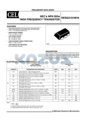 NESG2101M16 datasheet - NPN SiGe HIGH FREQUENCY TRANSISTOR