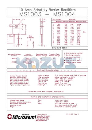 MS1003 datasheet - 10 AMP SCHOTTKY BARRIER RECTIFIERS