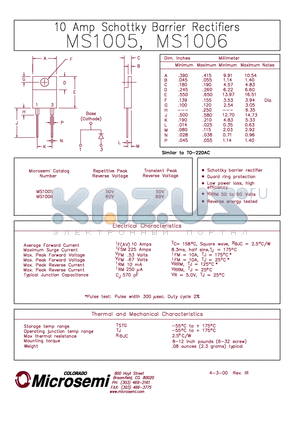 MS1006 datasheet - 10 AMP SCHOTTKY BARRIER RECTIFIER