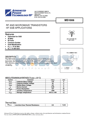 MS1006 datasheet - RF AND MICROWAVE TRANSISTORS HF SSB APPLICATIONS