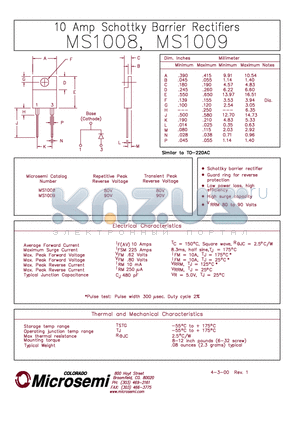 MS1008 datasheet - 10 AMP SCHOTTKY BARRIER RECTIFIER