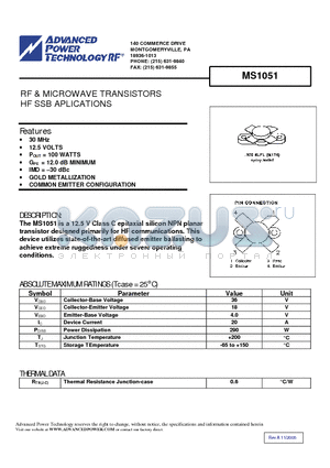 MS1051 datasheet - RF & MICROWAVE TRANSISTORS HF SSB APPLICATIONS