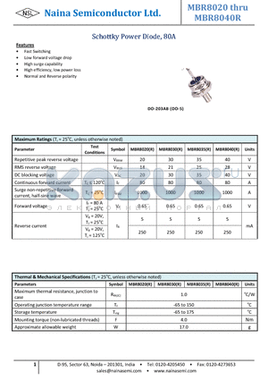 MBR8030 datasheet - Schottky Power Diode, 80A