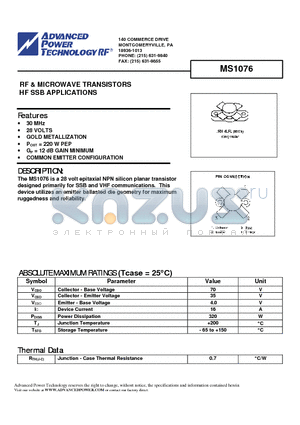 MS1076 datasheet - RF & MICROWAVE TRANSISTORS HF SSB APPLICATIONS