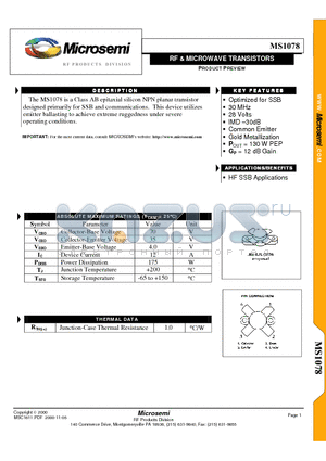 MS1078 datasheet - RF & MICROWAVE TRANSISTORS