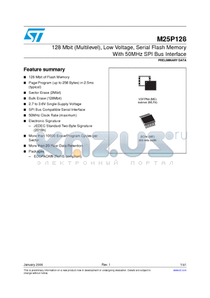 M25P128-VME6P datasheet - 128 Mbit (Multilevel), Low Voltage, Serial Flash Memory With 50MHz SPI Bus Interface