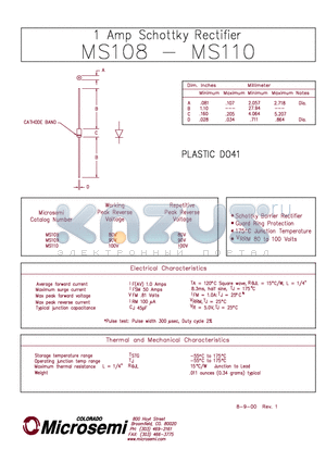 MS109 datasheet - 1 Amp Schottky Rectifier