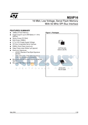 M25P16 datasheet - 16 Mbit, Low Voltage, Serial Flash Memory With 50 MHz SPI Bus Interface