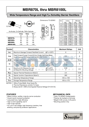 MBR8100L datasheet - Wide Temperature Range and High Tjm Schottky Barrier Rectifiers