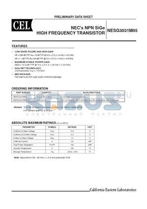 NESG3031M05 datasheet - NECs NPN SiGe HIGH FREQUENCY TRAN SIS TOR