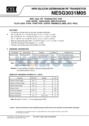 NESG3031M05-T1 datasheet - NPN SILICON GERMANIUM RF TRANSISTOR