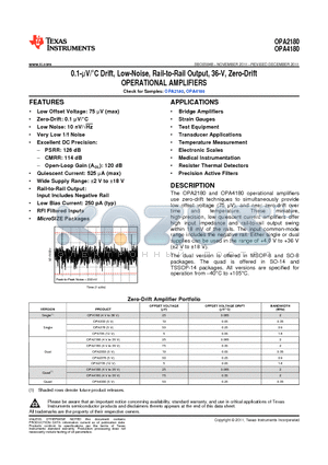 OPA2180IDGKR datasheet - 0.1-lV/`C Drift, Low-Noise, Rail-to-Rail Output, 36-V, Zero-Drift OPERATIONAL AMPLIFIERS