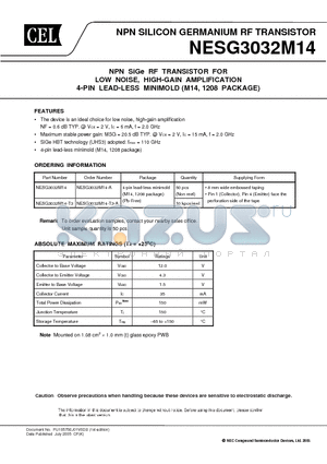 NESG3032M14-A datasheet - NPN SILICON GERMANIUM RF TRANSISTOR