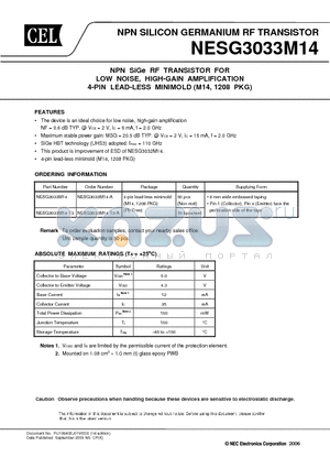 NESG3033M14-T3 datasheet - NPN SILICON GERMANIUM RF TRANSISTOR