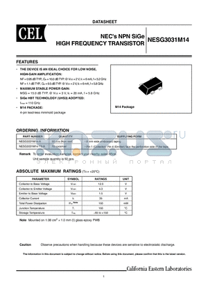 NESG3031M14-A datasheet - NPN SiGe HIGH FREQUENCY TRANSISTOR