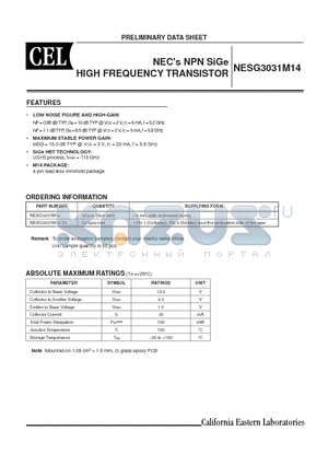 NESG3031M14-T3 datasheet - NECs NPN SiGe HIGH FREQUENCY TRAN SIS TOR