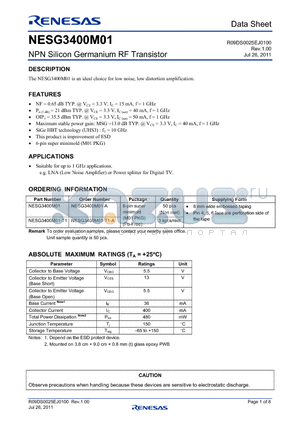 NESG3400M01-T1 datasheet - NPN Silicon Germanium RF Transistor