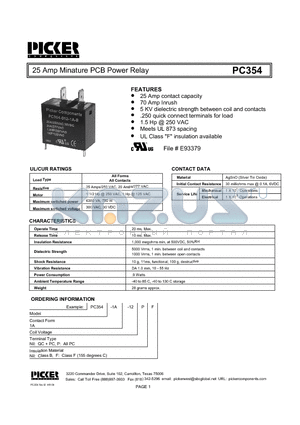 PC3541A-12 datasheet - 25 Amp Minature PCB Power Relay