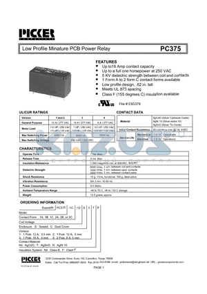 PC3751A-12C3 datasheet - Low Profile Minature PCB Power Relay