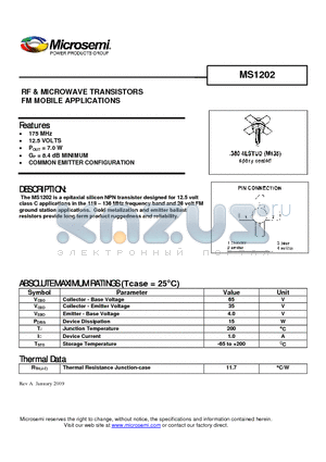 MS1202 datasheet - RF & MICROWAVE TRANSISTORS FM MOBILE APPLICATIONS