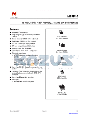 M25P16-VMN3P datasheet - 16 Mbit, serial Flash memory, 75 MHz SPI bus interface