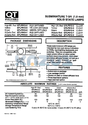 QTLP912-3 datasheet - SUBMINIATURE T-3/4 (1.9 mm) SOLID STATE LAMPS