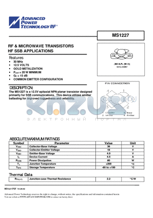 MS1227 datasheet - RF & MICROWAVE TRANSISTORS HF SSB APPLICATIONS