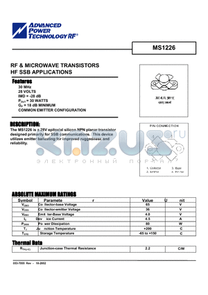 MS1226 datasheet - RF & MICROWAVE TRANSISTORS HF SSB APPLICATIONS