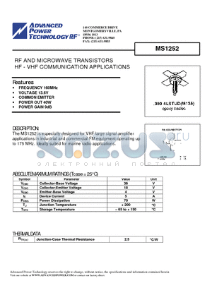 MS1252 datasheet - RF AND MICROWAVE TRANSISTORS HF - VHF COMMUNICATION APPLICATIONS