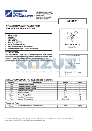 MS1261 datasheet - RF & MICROWAVE TRANSISTORS VHF MOBILE APPLICATIONS