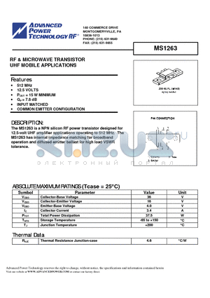 MS1263 datasheet - RF & MICROWAVE TRANSISTOR UHF MOBILE APPLICATIONS