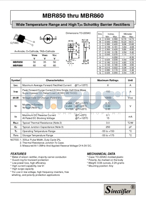 MBR850 datasheet - Wide Temperature Range and High Tjm Schottky Barrier Rectifiers