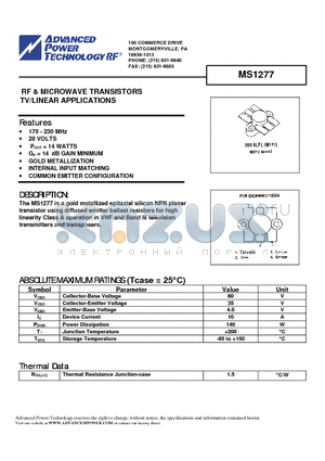 MS1277 datasheet - RF & MICROWAVE TRANSISTORS TV/LINEAR APPLICATIONS