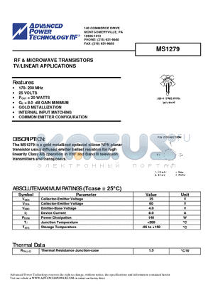 MS1279 datasheet - RF & MICROWAVE TRANSISTORS TV/LINEAR APPLICATIONS