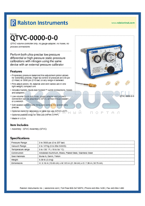 QTVC-0000-0-0 datasheet - QTVC volume controller only, no gauge adapter, no hoses, no process connections
