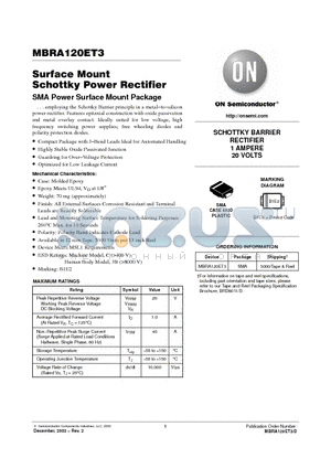 MBRA120ET3 datasheet - Surface Mount Schottky Power Rectifier 1 AMPERE 20 VOLTS