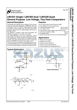 LMV331 datasheet - General Purpose, Low Voltage, Tiny Pack Comparators