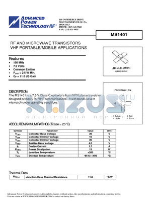 MS1401 datasheet - RF AND MICROWAVE TRANSISTORS VHF PORTABLE/MOBILE APPLICATIONS