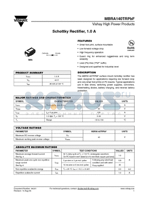 MBRA140TRPBF datasheet - Schottky Rectifier, 1.0 A