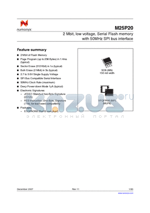 M25P20-VMN6G/X datasheet - 2 Mbit, low voltage, Serial Flash memory with 50MHz SPI bus interface